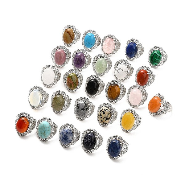 

PandaHall Natural & Synthetic Gemstone Adjustable Rings, Platinum Tone Oval Brass Rings for Women, Cadmium Free & Lead Free, US Size 7 3/4...