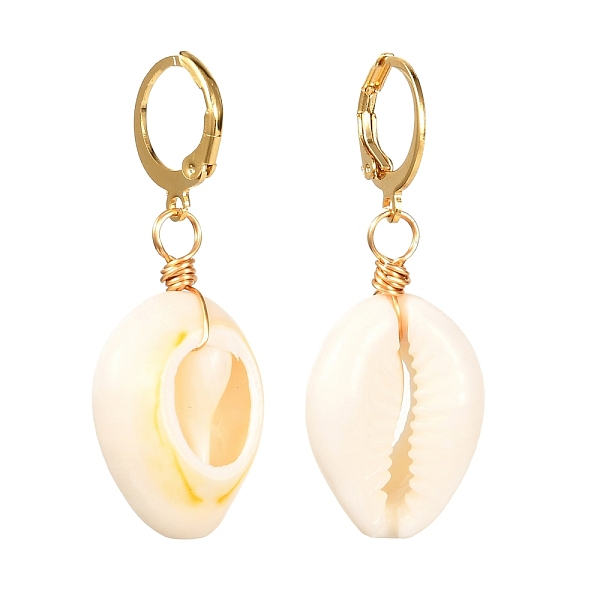 

PandaHall Natural Cowrie Shell Beads Dangle Earrings for Girl Women, 304 Stainless Steel Leverback Earring, Golden, 42mm, Pin: 1mm Shell