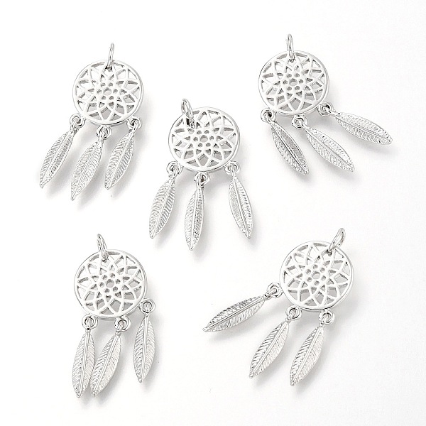 

PandaHall 5Pcs Brass Pendants, Woven Net/Web with Feather, Real Platinum Plated, 26x12x1.34mm, Hole: 3.4mm Brass Feather