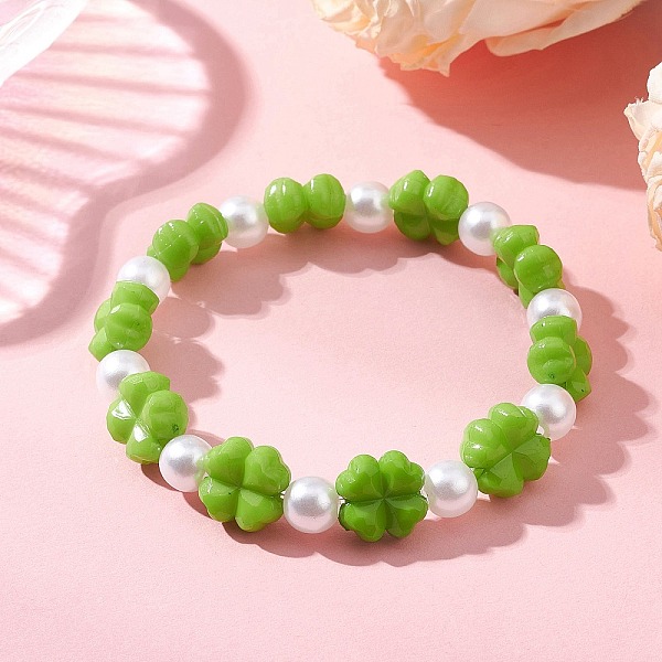 クローバーアクリル＆イミテーションパールビーズストレッチブレスレット（女の子用）