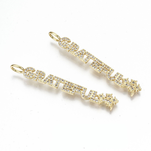 

PandaHall Brass Micro Pave Clear Cubic Zirconia Big Pendants, Nickel Free, Word Grateful, Real 16K Gold Plated, 53.5x8x2mm, Hole: 3.5x5mm...