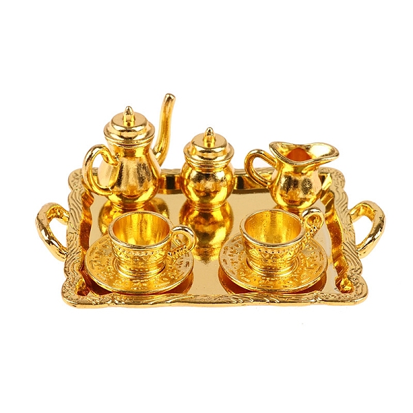 

PandaHall Dollhouse Simulation Mini Alloy Pattern Tea Set Model Ornament, Golden, 65x48x50mm Alloy Tableware