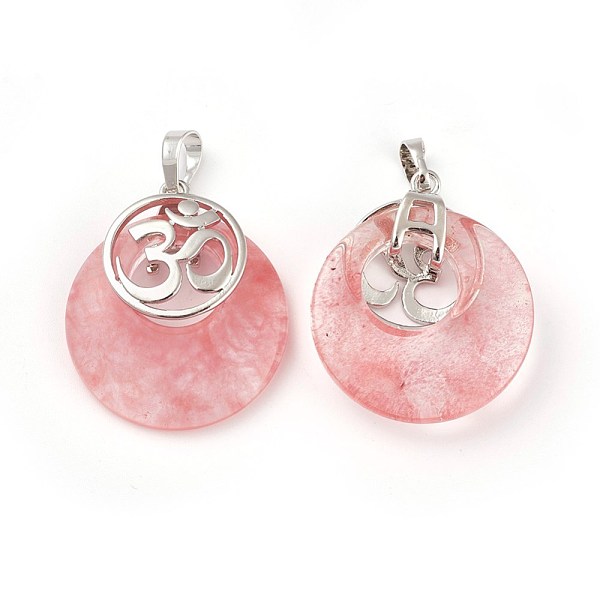 

PandaHall Cherry Quartz Glass Pendants, with Platinum Tone Brass Findings, Flat Round with Om Symbol, 32~32.5x28x7~7.5mm, Hole: 5x8mm Cherry...