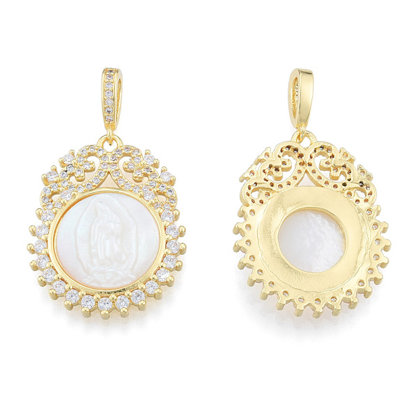 

PandaHall Brass Micro Pave Clear Cubic Zirconia Pendants, with Shell, Nickel Free, Real 18K Gold Plated, Flat Round with Saint, Creamy White...