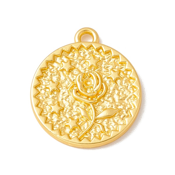 pandahall alloy pendant, flat round with rose & star, matte gold color, 20x18x2mm, hole: 1.5mm alloy flat round