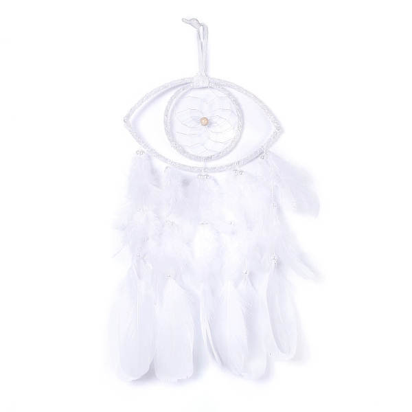 

PandaHall Handmade Eye Woven Net/Web with Feather Wall Hanging Decoration, with Wooden/Plastic Beads, for Home Offices Amulet Ornament..., White