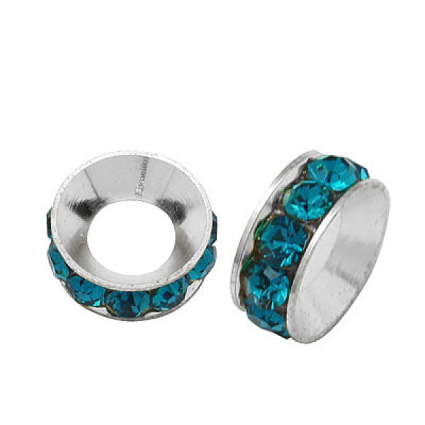 

PandaHall Brass Rhinestone Spacer Beads, Grade A, Rondelle, Silver Color Plated, Blue Zircon, 9x4mm Brass+Rhinestone Rondelle Cyan