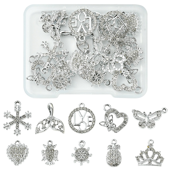 

PandaHall 20Pcs 10 Style Alloy Crystal Rhinestone Pendants, Helm & Butterfly & Snowflake & Crown & Pineapple Charms, Platinum...