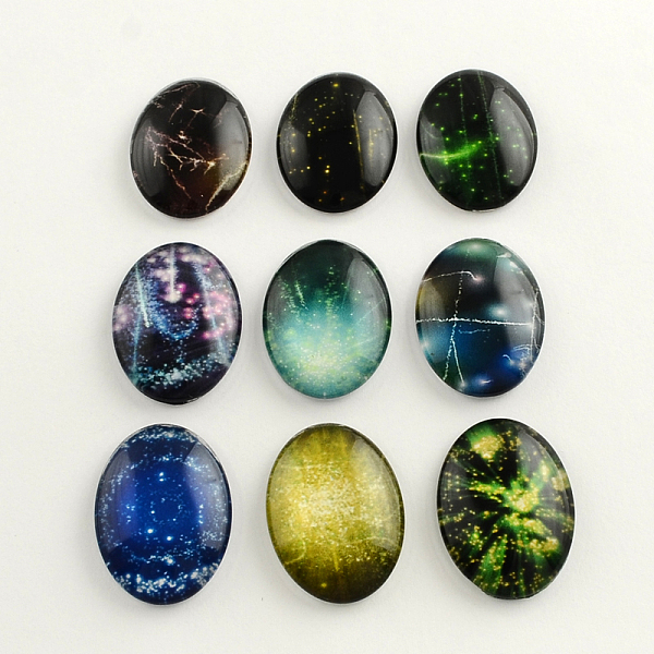 

PandaHall Galaxy Starry Sky Pattern Flatback Oval Glass Cabochons for DIY Projects, Mixed Color, 25x18x5mm Glass Oval Multicolor