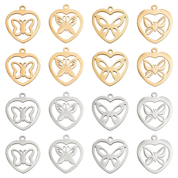 

PandaHall Unicraftale 16Pcs 8 Style 201 Stainless Steel Pendants, Laser Cut Pendants, Heart with Butterfly, Golden & Stainless Steel Color...