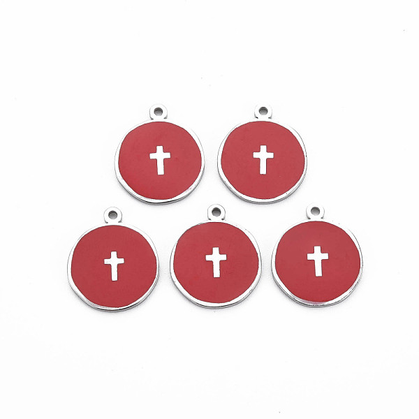 

PandaHall 304 Stainless Steel Enamel Pendants, Stainless Steel Color, Flat Round with Cross, FireBrick, 17.5x15x1mm, Hole: 1.2mm Stainless..., Red