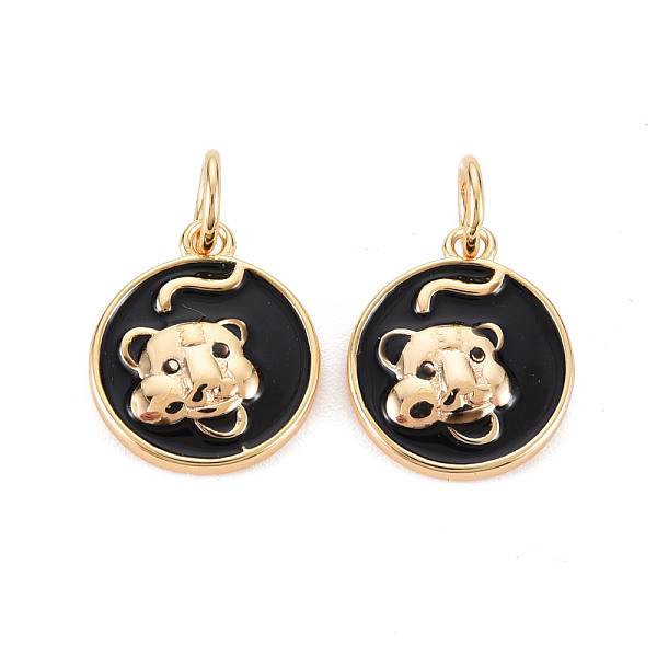 

PandaHall Brass Enamel Pendants, Nickel Free, with Jump Ring, Real 18K Gold Plated, Flat Round with Tiger, Black, 15x13x2.5mm, Jump Ring...