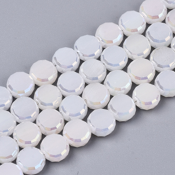

PandaHall Electroplate Opaque Solid Color Glass Beads Strands, AB Color Plated, Faceted Flat Round, White, 8x4mm, Hole: 1.5mm, about...