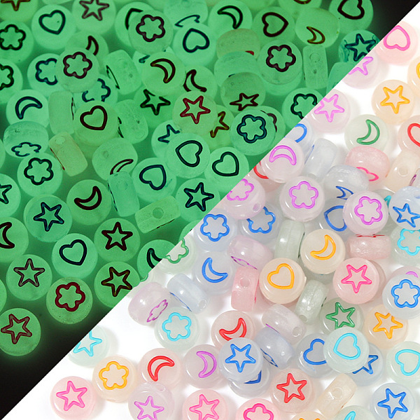 

PandaHall Luminous Translucent Acrylic Beads, with Enamel, Glow In The Dark, Flat Round with Heart & Star & Moon, Mixed Color, 7x3.6mm, Hole..., Multicolor