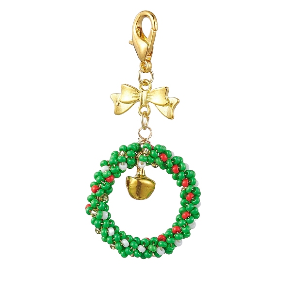

PandaHall Handmade Seed Beads Christmas Bow Wreath Keychain Pendants Decoration, with Iron Pendants and 304 Stainless Steel Findings, Loom..., White