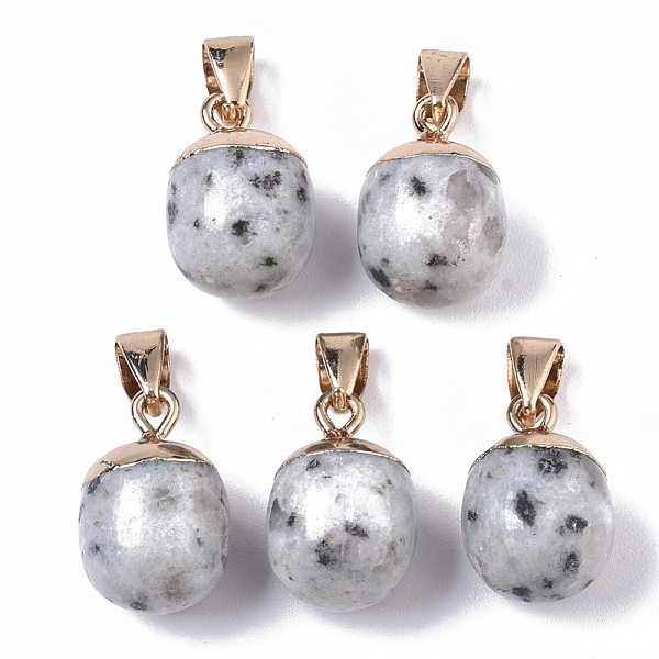 

PandaHall Top Golden Plated Natural Sesame Jasper Pendants, with Iron Snap on Bails & Loop, Barrel, 17~19x11.5~12.5mm, Hole: 4x6mm Sesame...