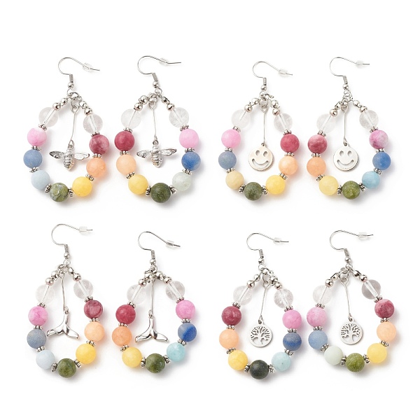 

PandaHall Natural Mixed Gemstone Braided Teardrop Dangle Earrings with Charms, 304 Stainless Steel Wire Wrap Big Drop Earrings for Women..., Multicolor