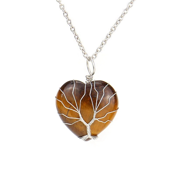 

PandaHall Natural Tiger Eye Heart Pendant Necklaces, Platinum Copper Wire Wrap Necklace, 20.47 inch(52cm) Tiger Eye Heart