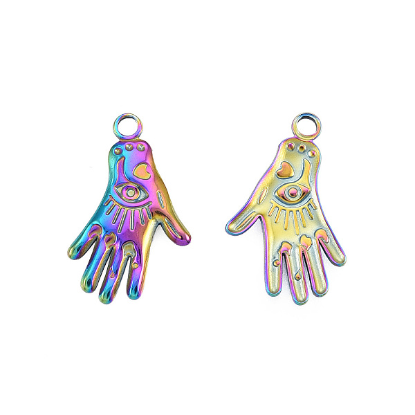 

PandaHall Ion Plating(IP) 201 Stainless Steel Pendants, Hand with Eye, Rainbow Color, 23.5x15x2mm, Hole: 2mm 201 Stainless Steel Palm