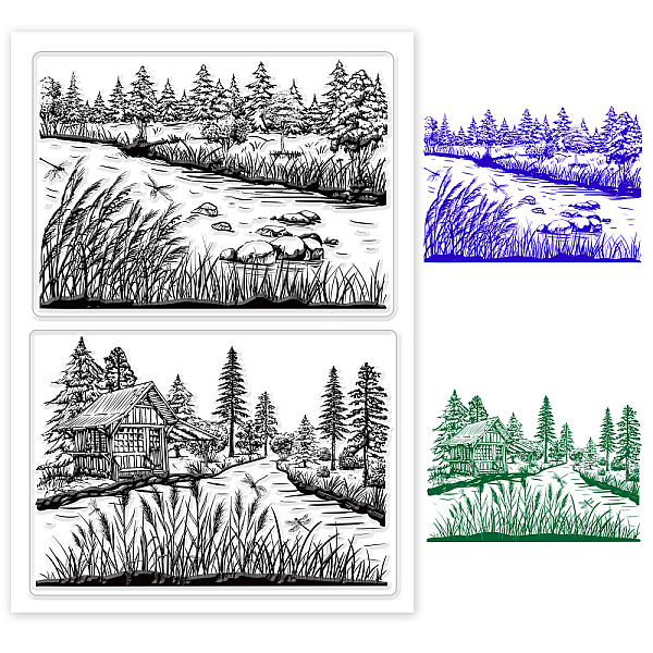 PandaHall GLOBLELAND Reed Marsh Silicone Clear Stamps with Dragonfly Country Cottage House Scenery Autumn Silicone Stamps for Journal Cards...