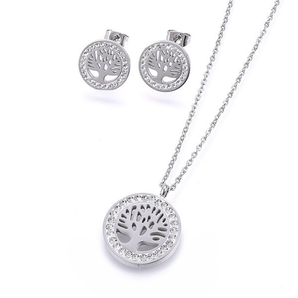

PandaHall 304 Stainless Steel Jewelry Sets, Pendant Necklaces and Stud Earrings, with Polymer Clay Rhinestone, Flat Round with Tree of Life...