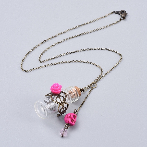 

PandaHall Pendant Necklaces, with Skull Synthetic Howlite Beads, Rose Flower Resin Beads, Glass Bottles and Antique Bronze Plated Brass..., Pink