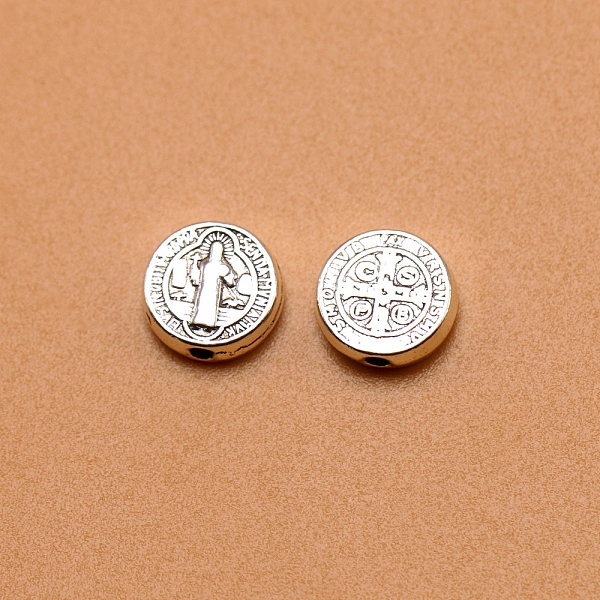 

PandaHall Tibetan Style Alloy Beads, Flat Round with Saint & Cross, Antique Silver, 9.5x3mm Alloy Flat Round