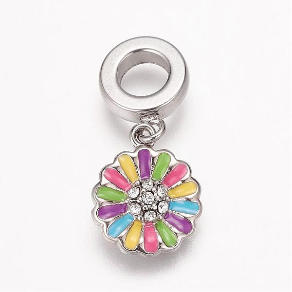 PandaHall 304 Stainless Steel Rhinestone European Dangle Charms, with Enamel, Large Hole Pendants, Flower, Antique Silver, 22.5mm, Hole: 5mm...