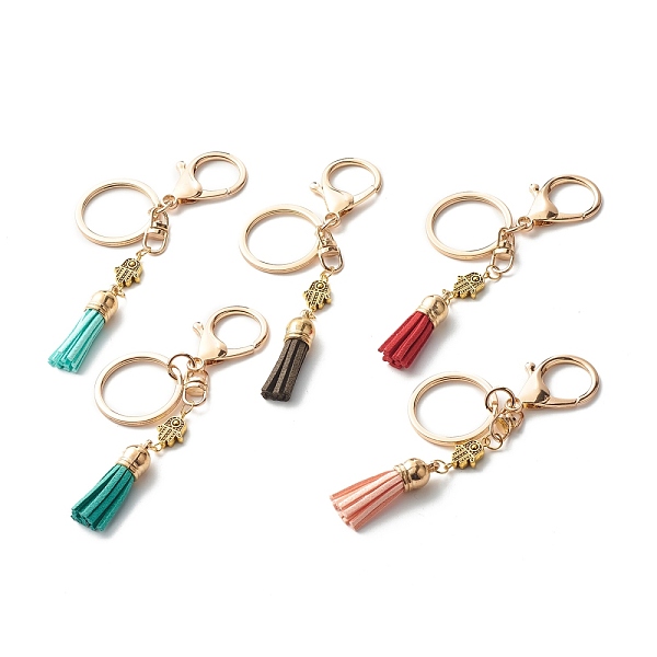 

PandaHall Alloy Keychain, with Tibetan Style Hamsa Hand Bead, Faux Suede Tassel, Alloy Lobster Claw Clasps, Mixed Color, 11.8cm Alloy Others..., Multicolor