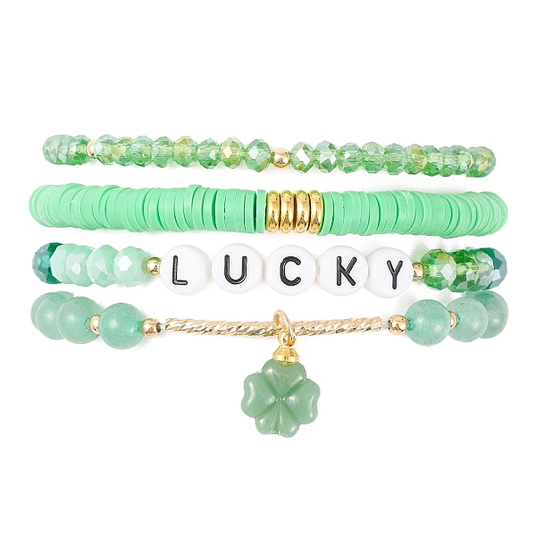 

PandaHall 4Pcs 4 Style Glass & Polymer Clay Beaded Stretch Bracelets Set with Clover Charms, Word Lucky Stackable Bracelets for Saint..., Green
