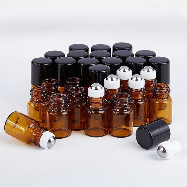 

PandaHall BENECREAT 30 Pack 2ml Amber Glass Roller Bottle with Black Cap Mini Brown Essential Oil Roll on Bottle with 4 Hoppers, 1 Opener..., Multicolor