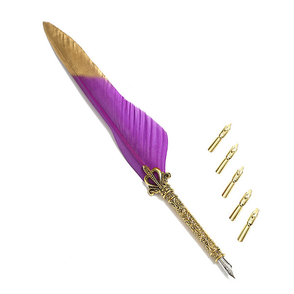 

PandaHall Feather Dipped Pen, with Alloy Pen Tip & Replacement Tips, for Teacher's Day, Medium Orchid, 285x45mm Feather Feather