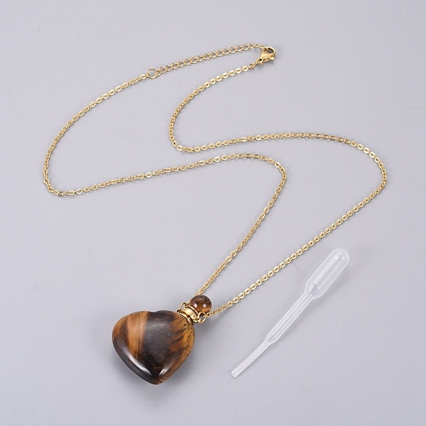 PandaHall Natural Tiger Eye Openable Perfume Bottle Pendant Necklaces, with Stainless Steel Cable Chain and Plastic Dropper, Heart, 50~55cm...