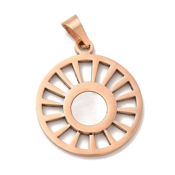 PandaHall Ion Plating(IP) 304 Stainless Steel Pendants, with White Shell, Flat Round Wheel Charms, Rose Gold, 35x30x3mm, Hole: 9x5mm White...