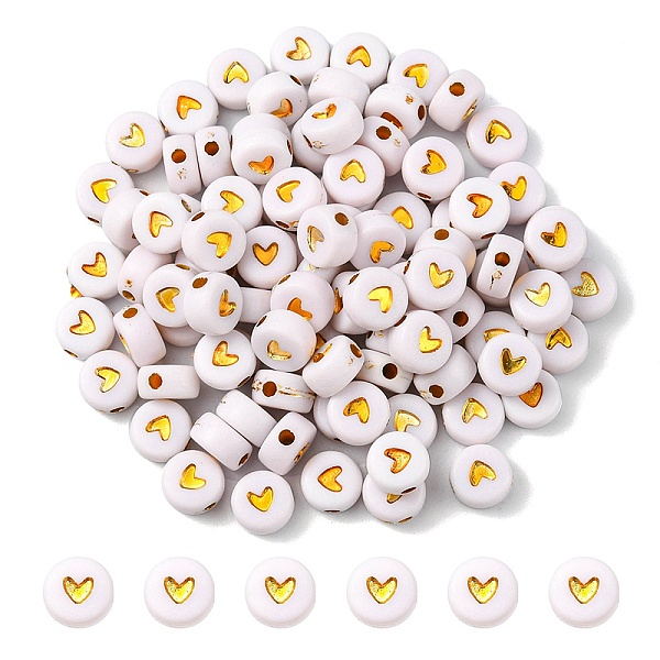 

PandaHall Plating Acrylic Beads, Metal Enlaced, Flat Round with Heart, White, 6.5~7x3.7mm, Hole: 1.8mm Acrylic Flat Round White