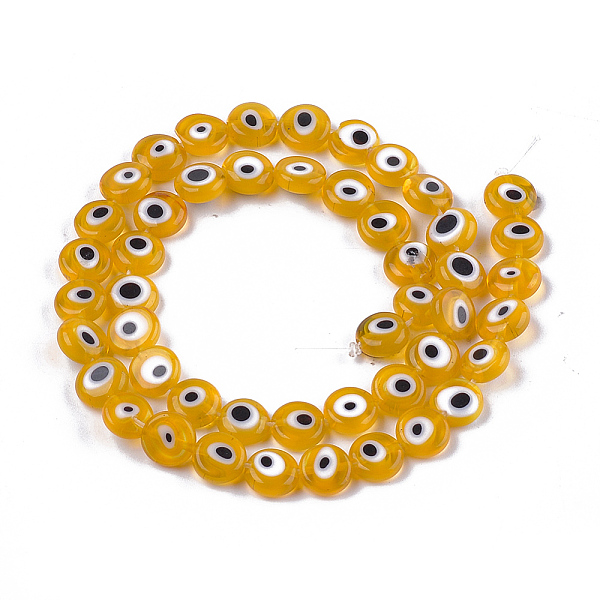 

PandaHall Handmade Evil Eye Lampwork Beads Strands, Flat Round, Goldenrod, 7.5x3mm, Hole: 1mm, about 48pcs/strand, 13.7 inch~14.9 inch..., Gold
