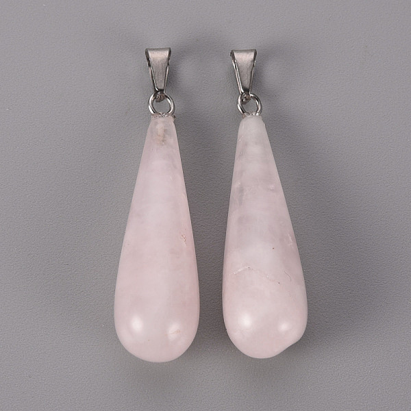 

PandaHall Natural Rose Quartz Pendants, with Stainless Steel Snap On Bails, Teardrop, Stainless Steel Color, 33~36x10mm, Hole: 3x4mm Rose...