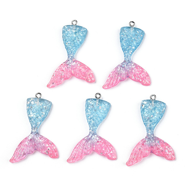 PandaHall Resin Pendants, with Glitter Powder and Iron Findings, Mermaid Tail Shape, Platinum, Plum, 46x30x6mm, Hole: 2mm Iron+Resin Fish...