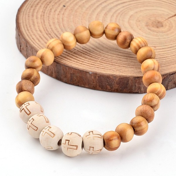 

PandaHall Cross Wood Beaded Stretch Bracelets, BurlyWood, 57mm Wood Orange