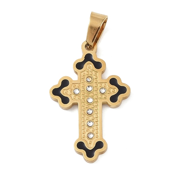 

PandaHall Ion Plating(IP) 304 Stainless Steel Enamel Rhinestone Pendants, Cross Charms, Real 18K Gold Plated, 29.5x18.5x2.5mm, Hole: 6x4mm..., Clear