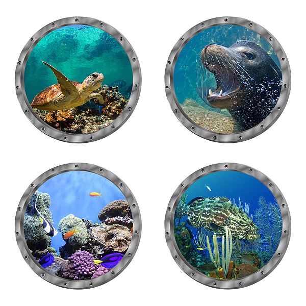 PandaHall CREATCABIN 4pcs Space Wall Decals Aquarium Sea Life Round 3D Wall Stickers Dolphins Turtles Shark Removable Window Poster Mural...