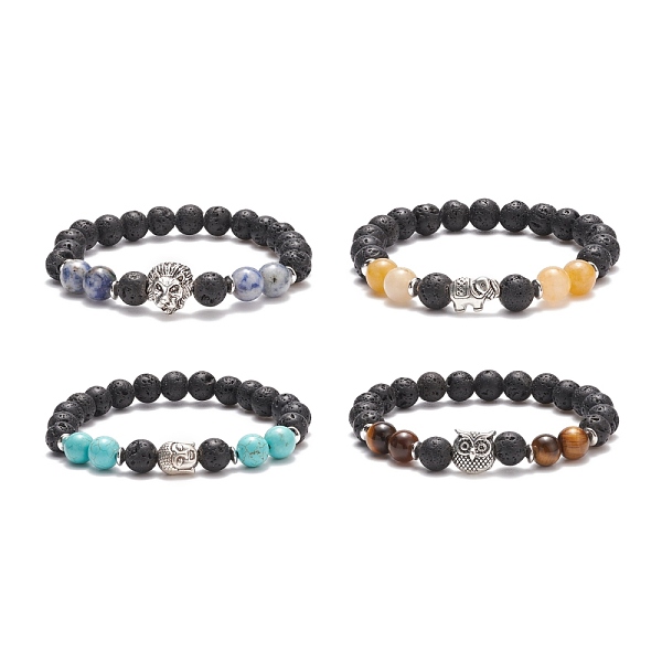 

PandaHall 4Pcs 4 Style Natural & Synthetic Mixed Gemstone Stretch Bracelet Sets, Lion & Owl & Elephant & Buddha Alloy Beaded Bracelets for...