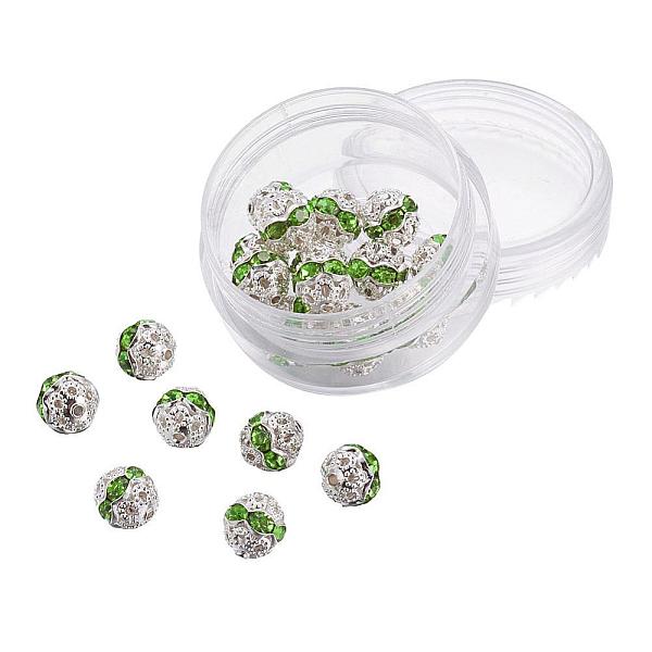 

PandaHall Brass Rhinestone Beads, Grade A, Silver Color Plated, Round, Peridot, 8mm, Hole: 1mm, 20pcs/box Brass+Rhinestone Round Silver