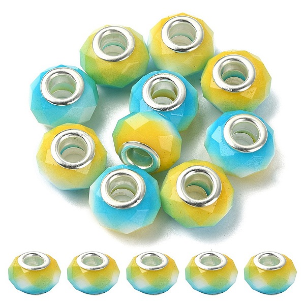 

PandaHall Glass European Beads, Large Hole Beads, with Silver Tone Brass Double Cores, Faceted Rondelle, Goldenrod, 14x9mm, Hole: 5mm..., Gold