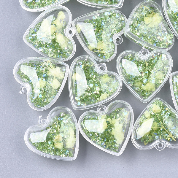 

PandaHall Plastic Pendants, with Dried Flower & Rhinestone, Heart, Green, 29x30x18mm, Hole: 1.8mm Plastic Heart Green