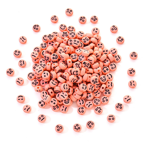 

PandaHall Opaque Acrylic Beads, Flat Round with Black Random Expression, Pearl Pink, 7x4mm, Hole: 1.6mm, 200pcs/set Acrylic Flat Round