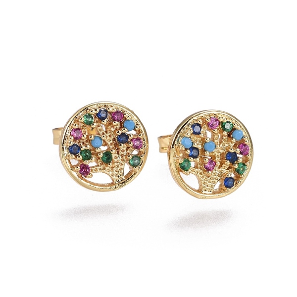 

PandaHall Brass Micro Pave Cubic Zirconia Stud Earrings, Flat Round with Tree of Life, Golden, Colorful, 14.5x10.3x2.5mm, Pin: 0.7mm Cubic...