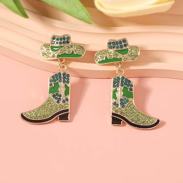 Cowboy Hat with Boot Alloy Enamel Dangle Stud Earrings