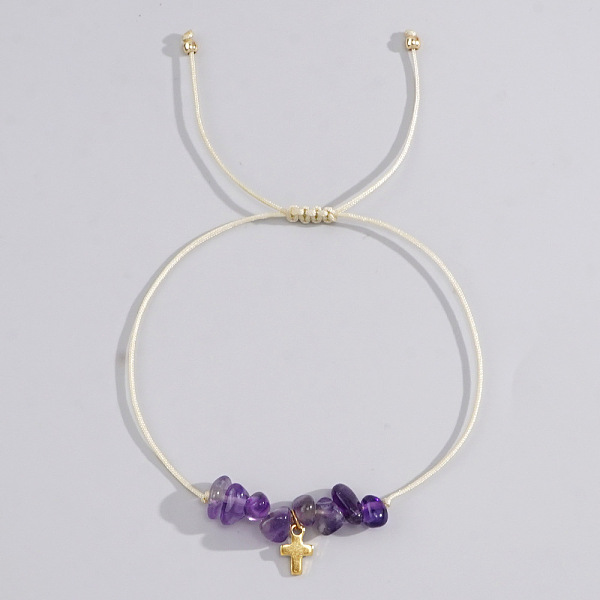 Bohemian Style Cross Natural Amethyst Braided Beaded Bracelets For Women