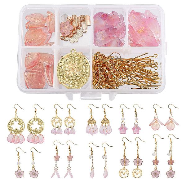 PandaHall SUNNYCLUE 189 Pieces DIY Sakura Themed Earrings Making Kits, Including Flower Alloy Pendants, Glass Beads & Pendants, Brasss...
